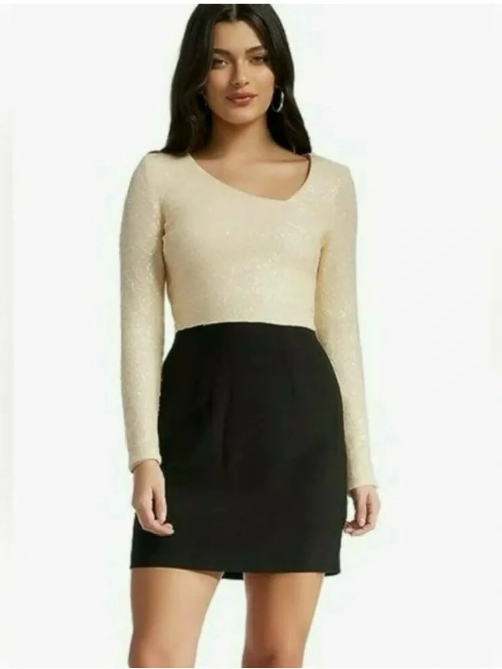 Dress the Population Cream & Black Long-Sleeve Two-Tone Sequins Mini Dress